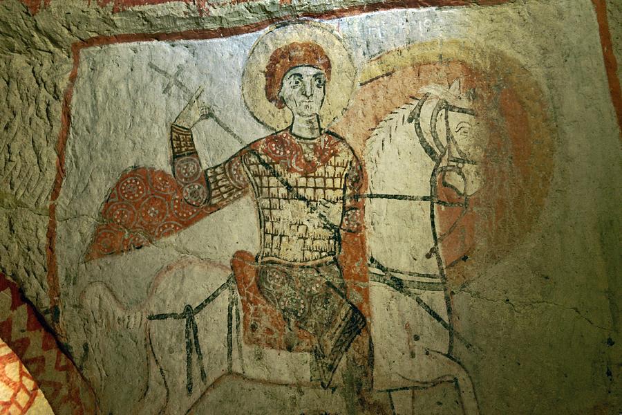 Turkey Photograph - Early Christian mural. Saint George in rock carved Saint Basils Church. Goreme National Park, Cappadocia Turkey by David Lyons
