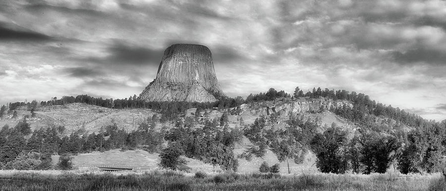 Early Light Devils Tower Wyoming Panorama BW Photograph by Thomas Woolworth