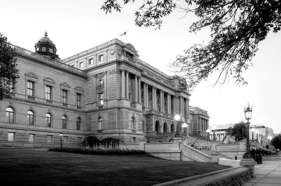 Early Morning At The Library of Congress In Black and White Photograph by Greg and Chrystal Mimbs