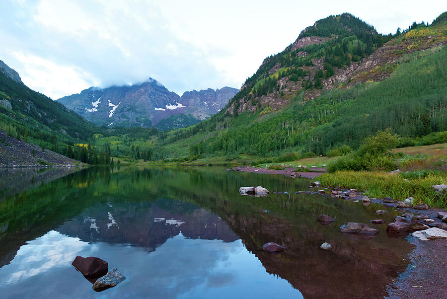 Early Morning at the Maroon Bells and Maroon Lake Photograph by Cascade Colors