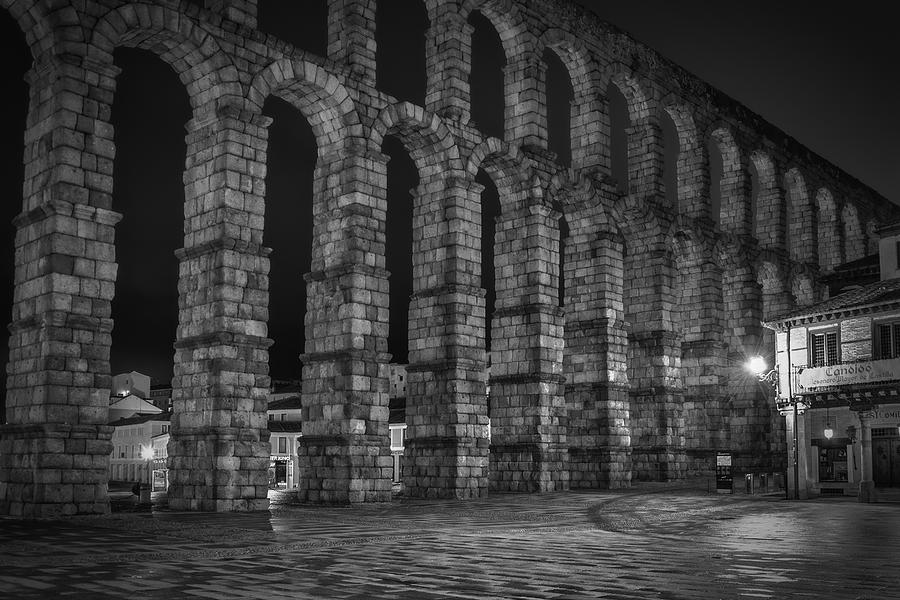 Early Morning at the Aqueduct of Segovia BW Photograph by Joan Carroll