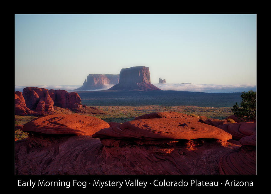 Early Morning Fog Mystery Valley Colorado Plateau Arizona 03 Text Black Photograph by Thomas Woolworth
