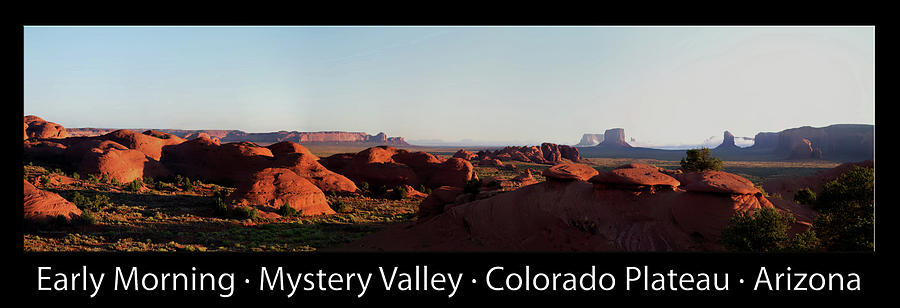 Early Morning Mystery Valley Colorado Plateau Arizona Pan 01 Text Black Photograph by Thomas Woolworth
