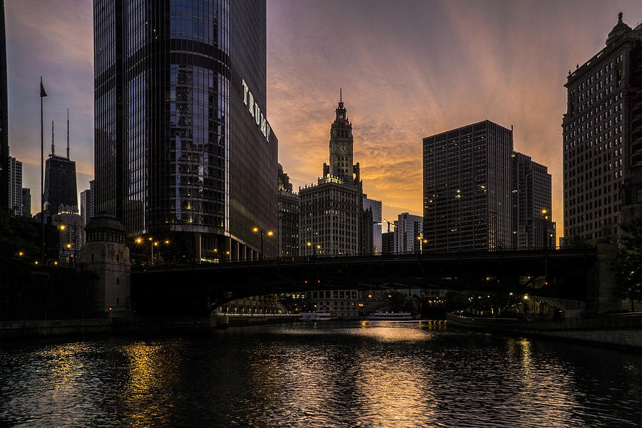 early morning orange sky on the Chicago Riverwalk Photograph by Sven Brogren