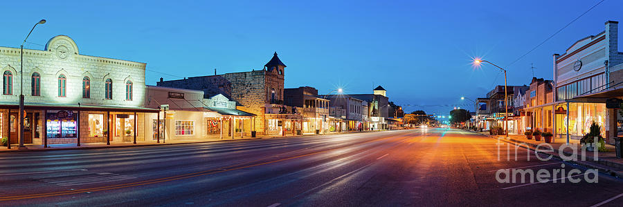 Early Morning Panorama of Fredericksburg Main Street - Gillespie County Texas Hill Country Photograph by Silvio Ligutti