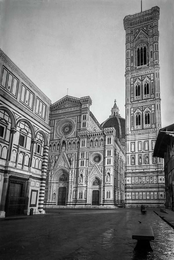Black And White Photograph - Early Morning Piazza del Duomo Florence Italy BW by Joan Carroll