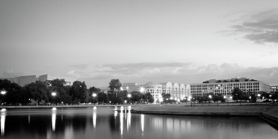 Early Morning Reflection In Washington D.C. Black and White Photograph by Greg and Chrystal Mimbs
