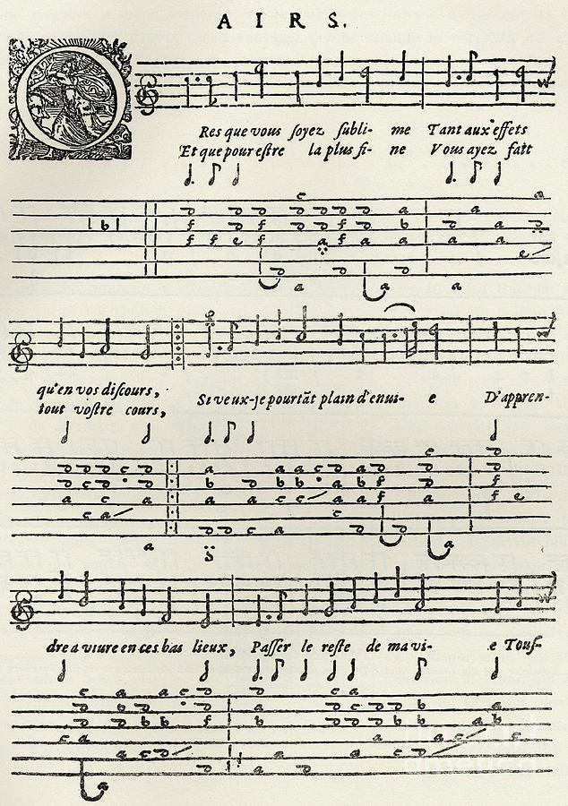 Early printed Lute score from 17th century, with French lyrics Drawing by French School