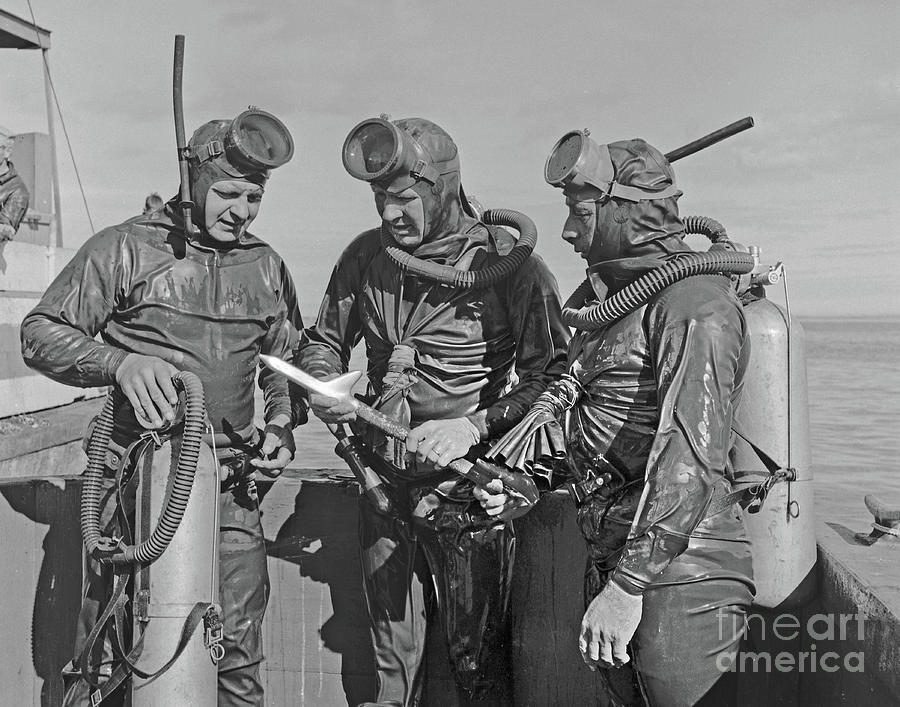 Early Scuba divers in Dry Suits on Monterey Bay Circa 1955 Photograph ...