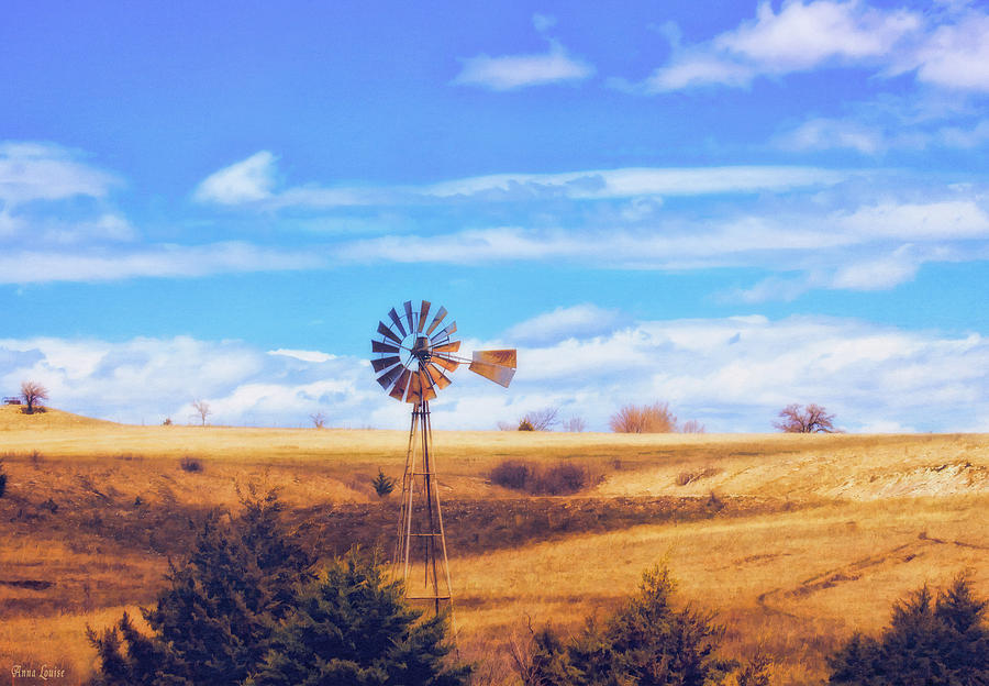 Early Spring Kansas Prairie and Windmill Photograph by Anna Louise