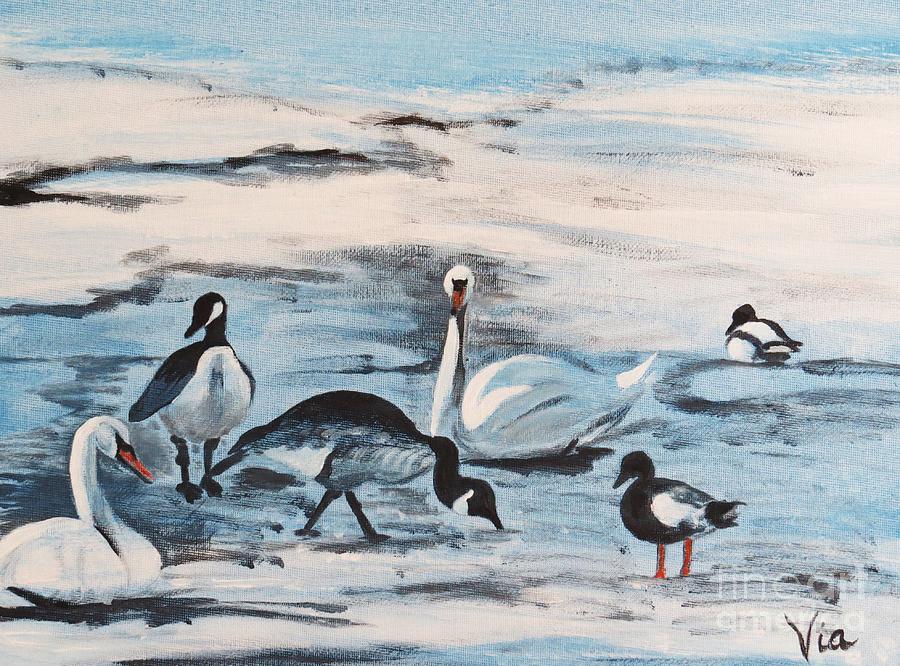 Early Spring Thaw with Ducks and Geese Painting by Judy Via-Wolff