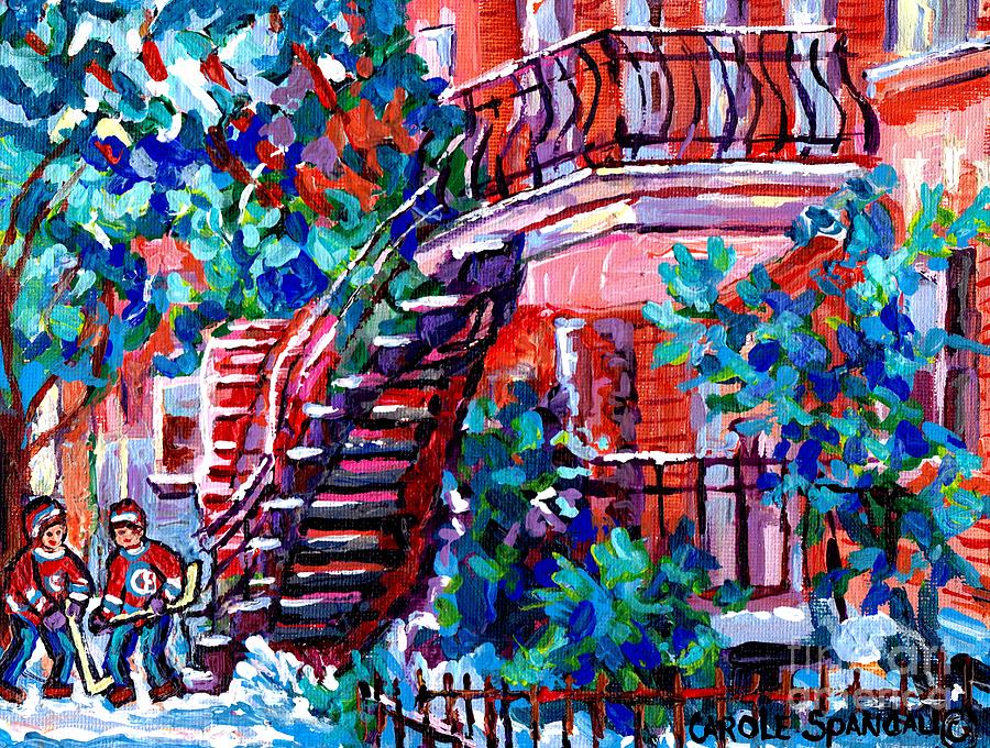 Early Winter French Staircase Montreal Snowscene Quebec Hockey Art Canadian Painting Carole Spandau Painting by Carole Spandau