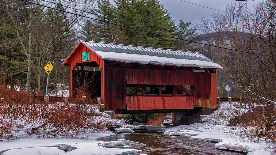 Early Winter snow at the Upper Cox Covered Bridge. Photograph by New England Photography