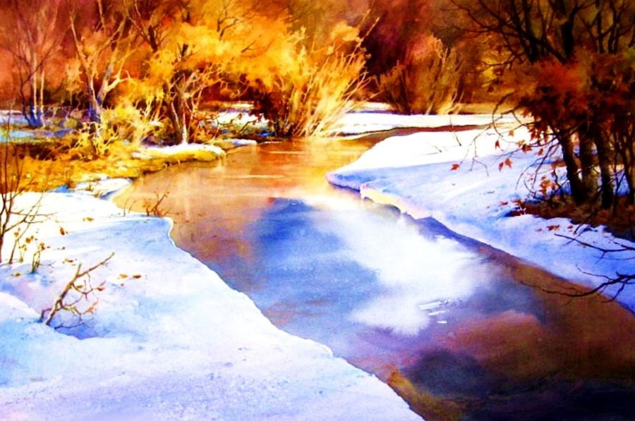 Creek Painting - Early Wyoming Snow by Joseph Barani Creek Painting - Early Wyoming Snow by Joseph Barani