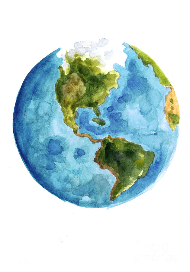 Globe Painting - Earth america watercolor poster by Joanna Szmerdt