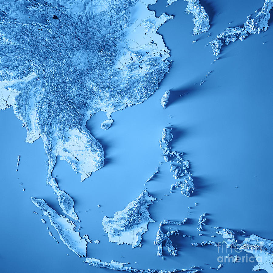 East Asia 3d Render Topographic Map Blue Digital Art By Frank Ramspott Pixels Merch 0432