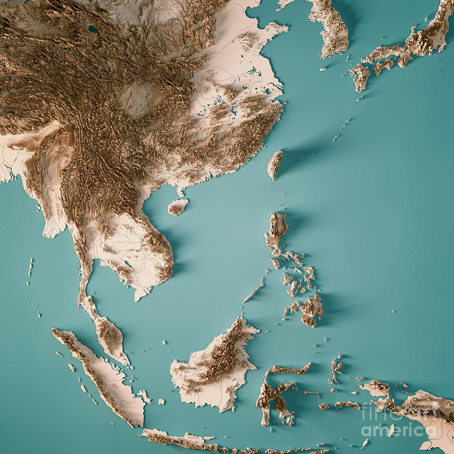 East Asia 3d Render Topographic Map Neutral Digital Art By Frank Ramspott Pixels Merch 0713