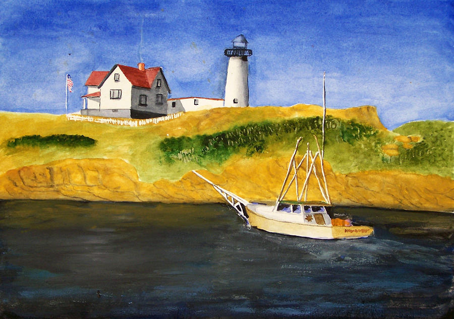 Lighthouse Painting - East Coast lighthouse with crab boat by Robert Thomaston