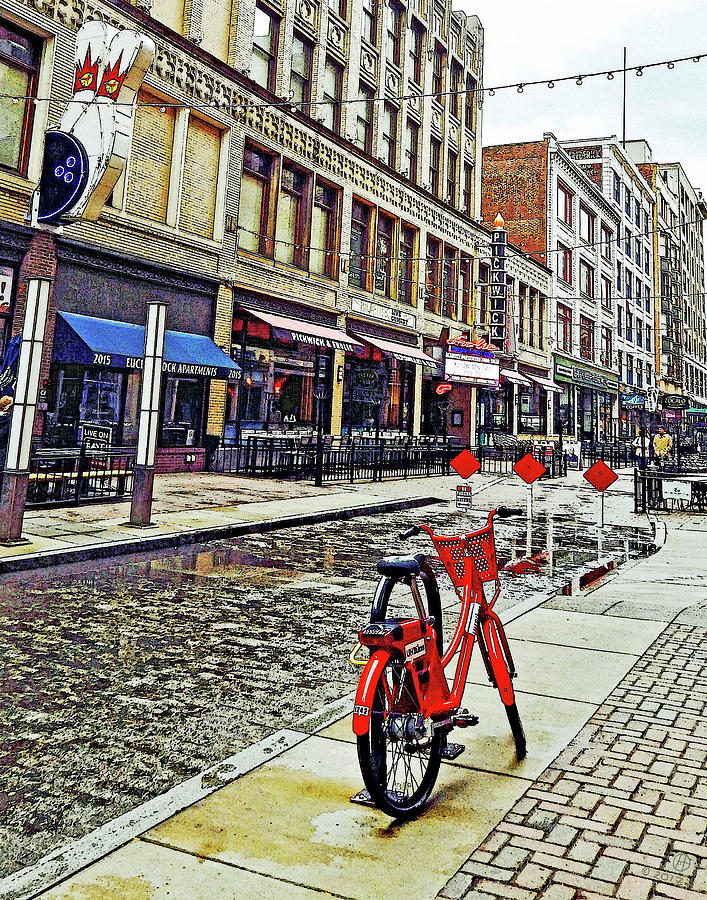 East Fourth St. and Red Bike Digital Art by Gary Olsen-Hasek