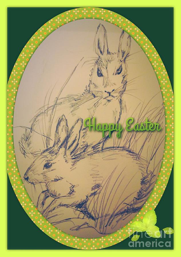Easter Bunny Greeting 3 Drawing by Joan-Violet Stretch