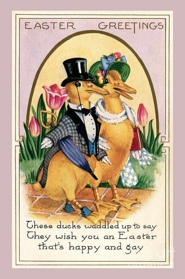 Easter Greetings cute Victorian ducks couple and verse Digital Art by Heidi De Leeuw