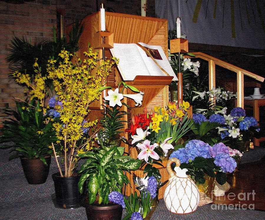 Easter Lectern and Flowers with added texture Photograph by Rose Santuci-Sofranko