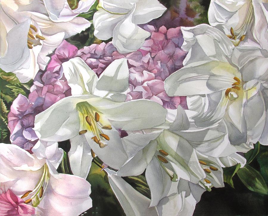 Easter Lilies With Hydrangea Painting by Alfred Ng