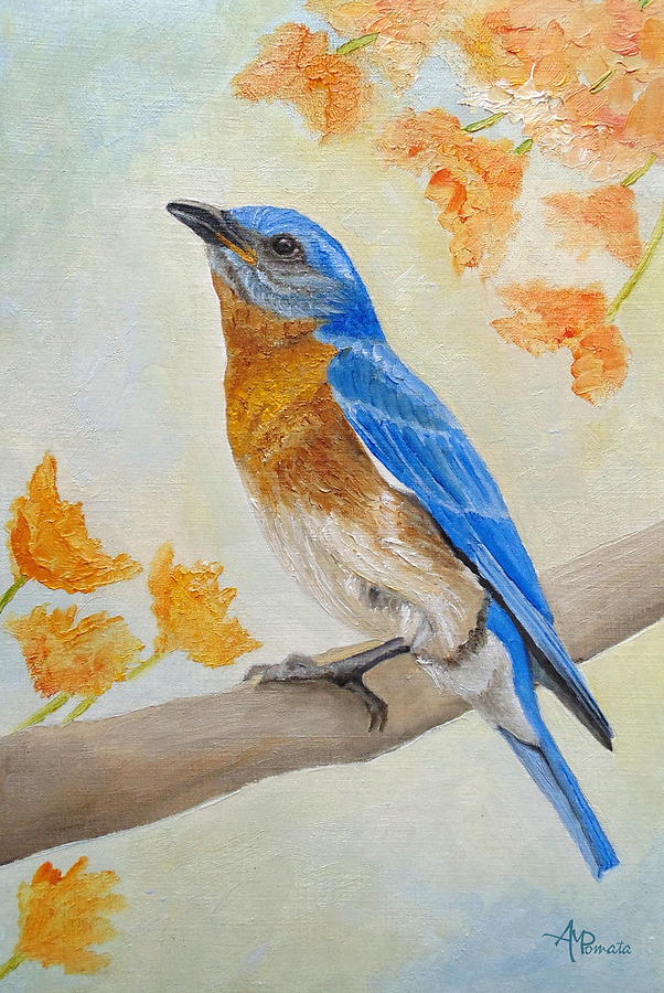 Bluebird Painting - Eastern Bluebird Among Flowers by Angeles M Pomata