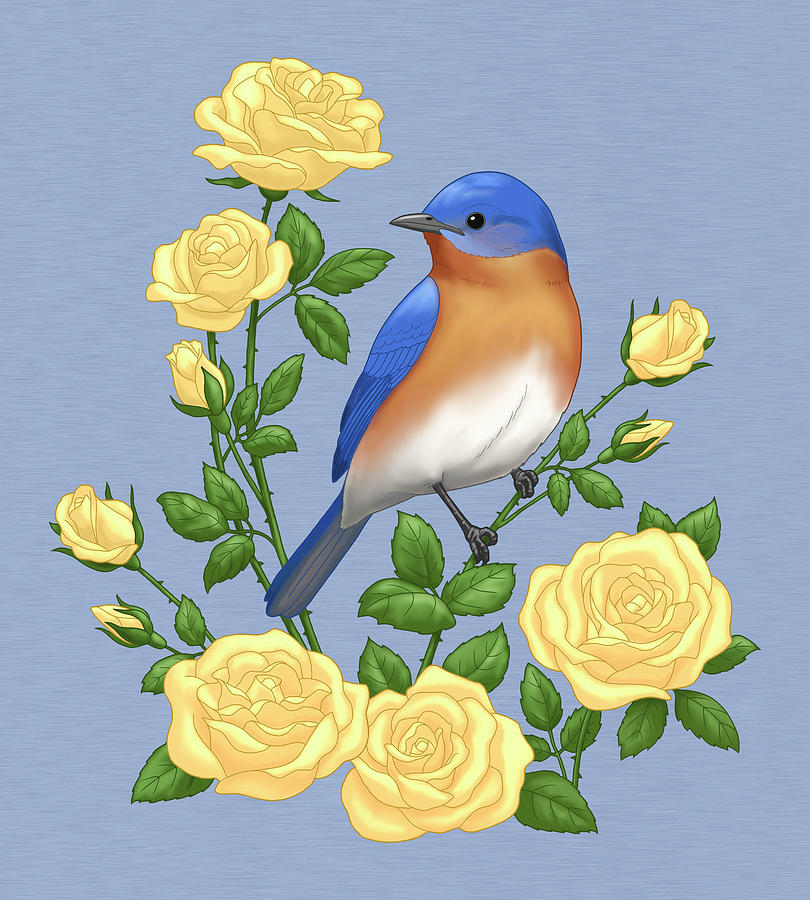 Eastern Bluebird and Yellow Roses Painting by Crista Forest