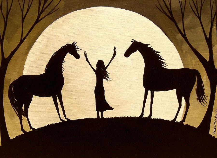 Eastern Breeze - horse moon silhouette Painting by Debbie Criswell