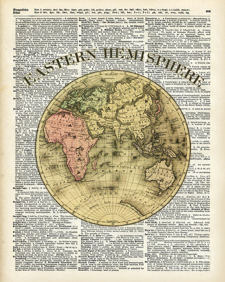 Vintage Painting - Eastern Hemisphere Earth map over dictionary page by Anna W