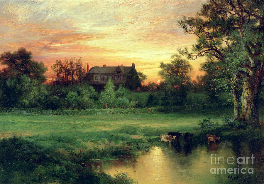 Dream-art Oil painting Thomas Moran View of East Hampton with cows by pond art 