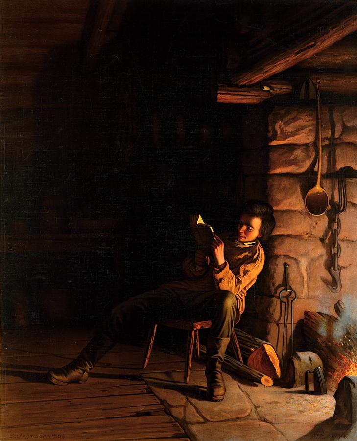 Eastman Johnson, The boyhood of Lincoln, an evening in the log hut, 1868 Painting by Vincent Monozlay