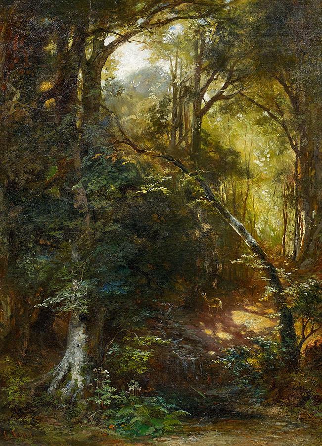 Nature Painting - EBERT, CARL 1821 Stuttgart - 1885   Inside a Forest. by Ebert Carl