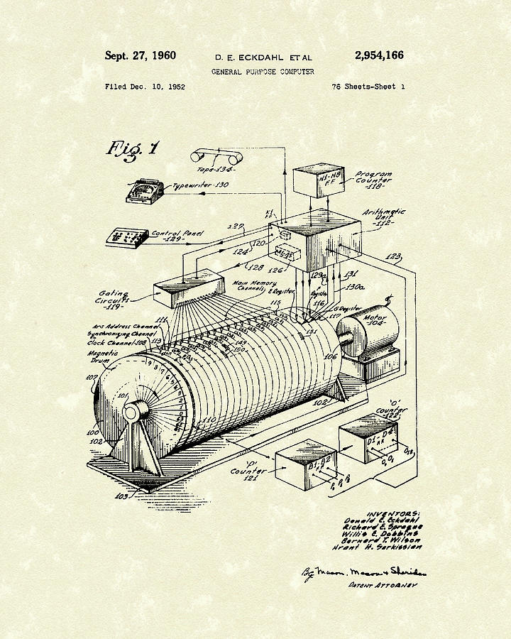 Eckdahl Computer 1960 Patent Art Drawing by Prior Art Design