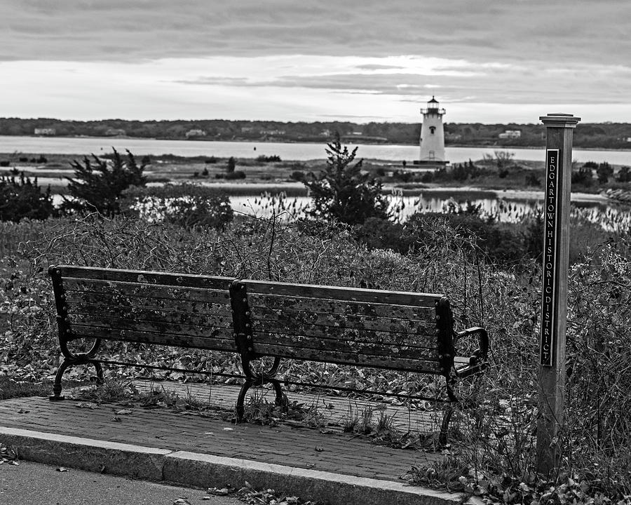 Edgartown MA Lighthouse at Sunrise Marthas Vineyard Cape Cod Bench Black and White Photograph by Toby McGuire