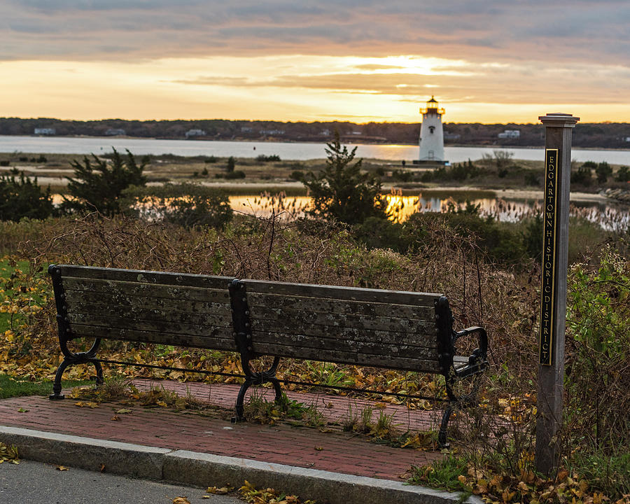 Edgartown MA Lighthouse at Sunrise Marthas Vineyard Cape Cod Bench Photograph by Toby McGuire