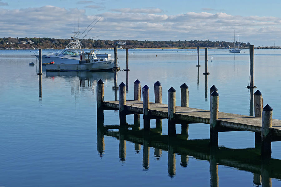 Edgartown MA Pier Marthas Vineyard Cape Cod Blue Water Fishing Boats Reflection Photograph by Toby McGuire