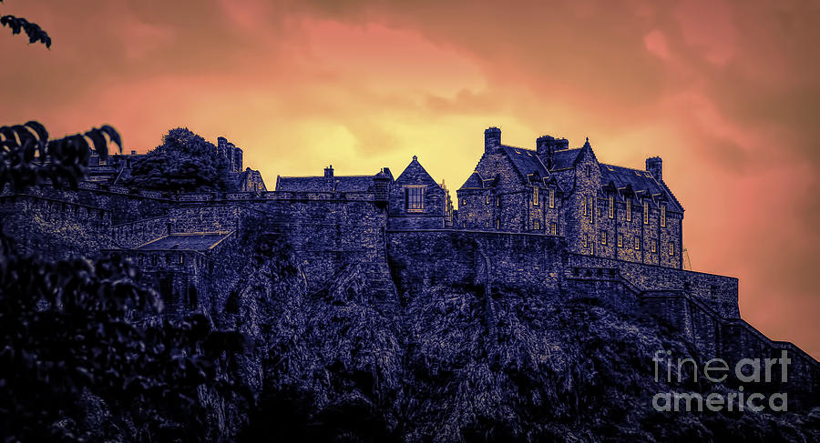 Edinburgh Castle Fire Glow Digital  Digital Art by Chuck Kuhn