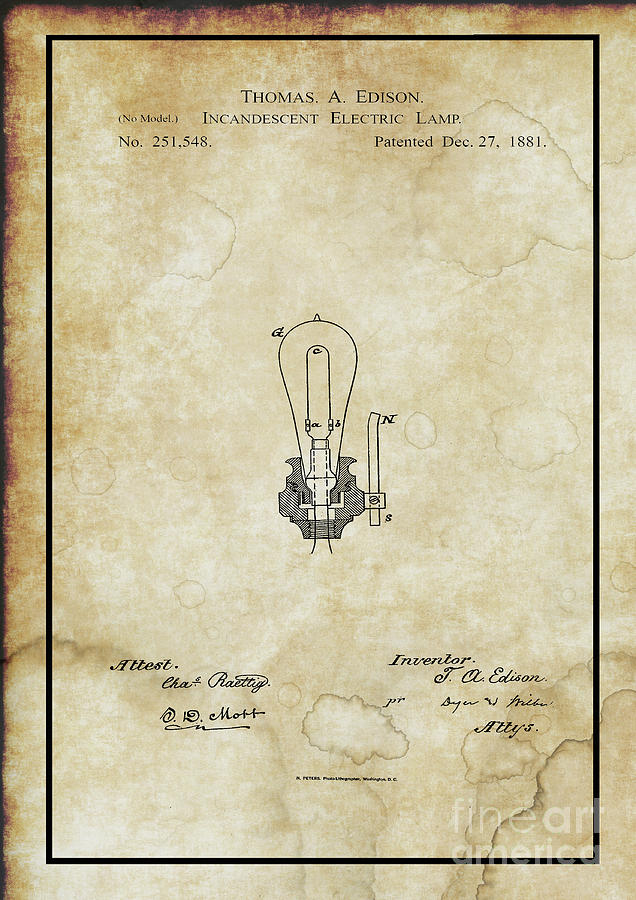Edison Incandescent Electric Bulb Patent  Photograph by Doc Braham