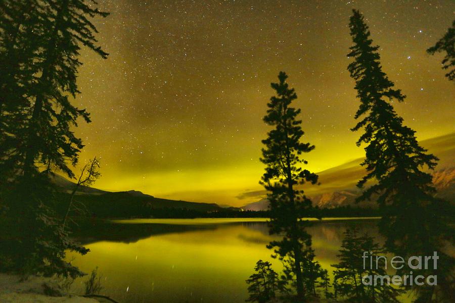 Edith Lake Northern Lights Silhouettes Photograph by Adam Jewell