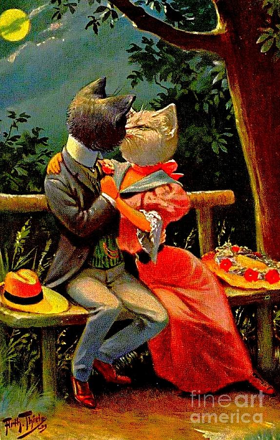 Edwardian Kissing Cats in Love Painting by Peter Ogden
