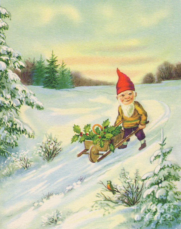 Robin Painting - Edwardian Christmas card of a gnome pushing a small cart of holly in the snow by English School