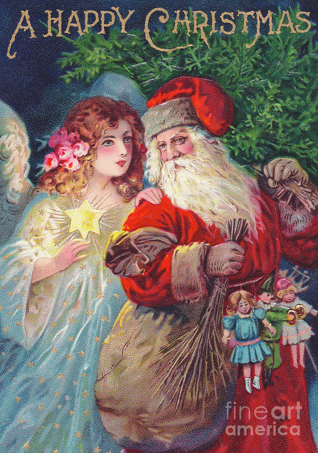 Edwardian Christmas card of Father Christmas with an angel Painting by English School