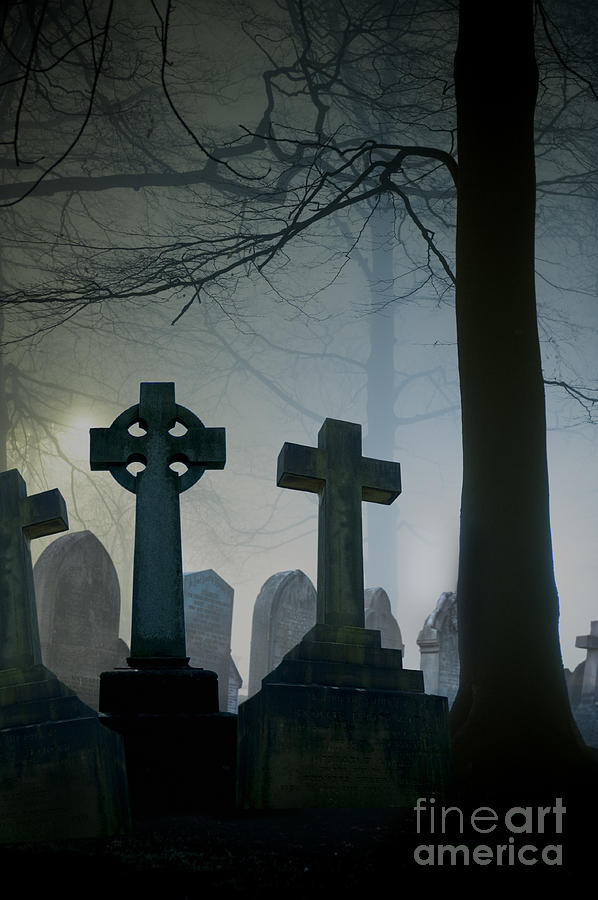Eerie Graveyard At Night In Winter Fog Photograph by Lee Avison