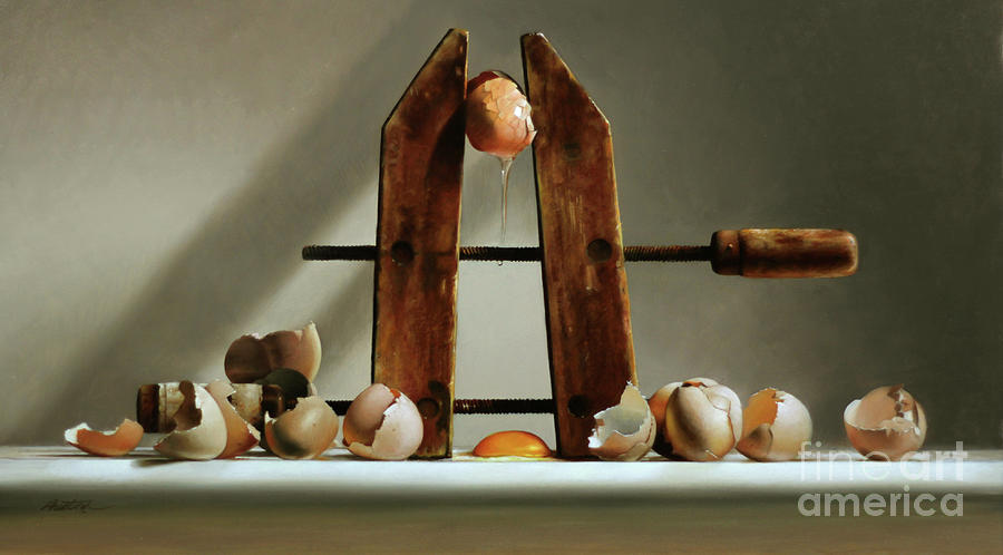 Egg Painting - EGG AND SHELLS with wood clamp by Lawrence Preston