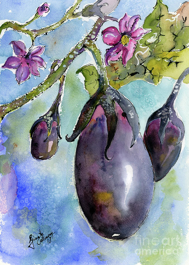 Eggplant and Blossoms Food Art Watercolors Painting by Ginette Callaway