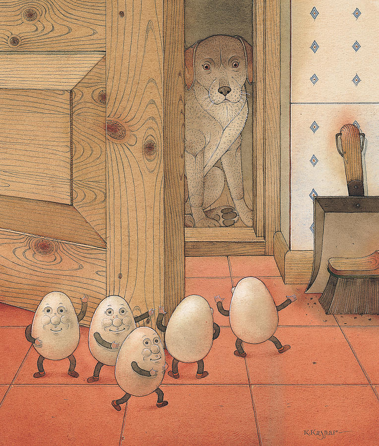 Eggs and Dog Painting by Kestutis Kasparavicius