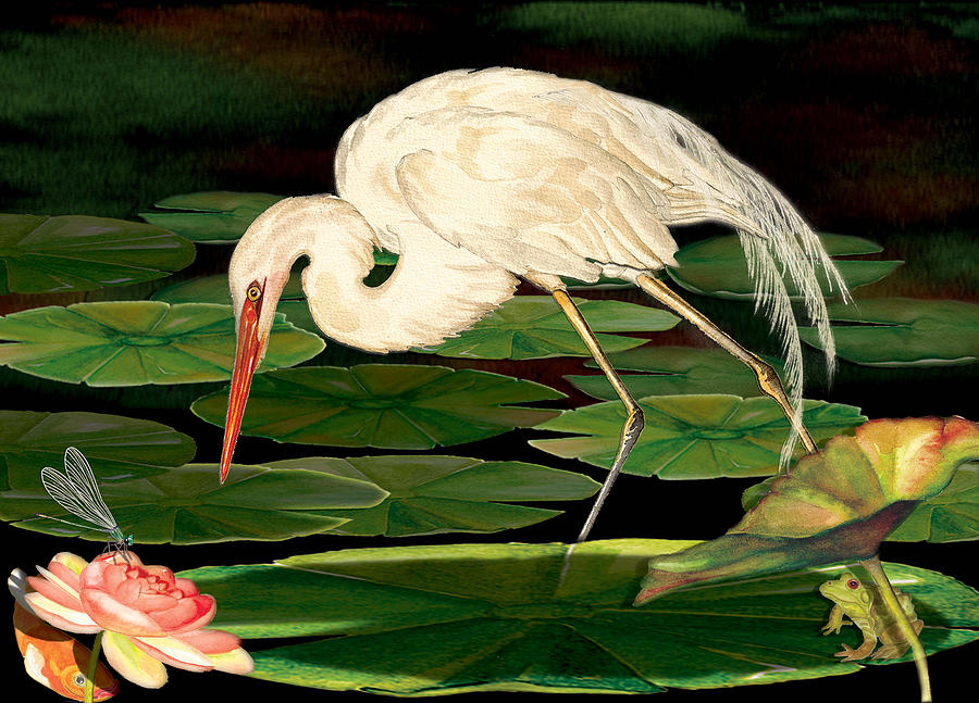 Egret Fishing in Lily Pads Painting by Anne Beverley-Stamps