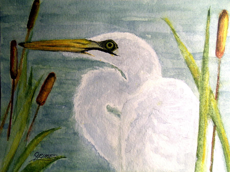 Egret in the Cattails Painting by Carol Grimes